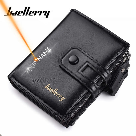 Name Engraving Men Wallets Double Zipper Cardholder Short Male Coin High Quailty