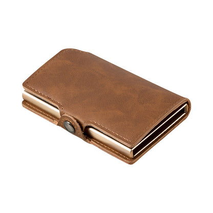 Ultra Slim Rfid Pop Up Metal Card Holder Pu Mini Metal Wallet For Men Light Brown